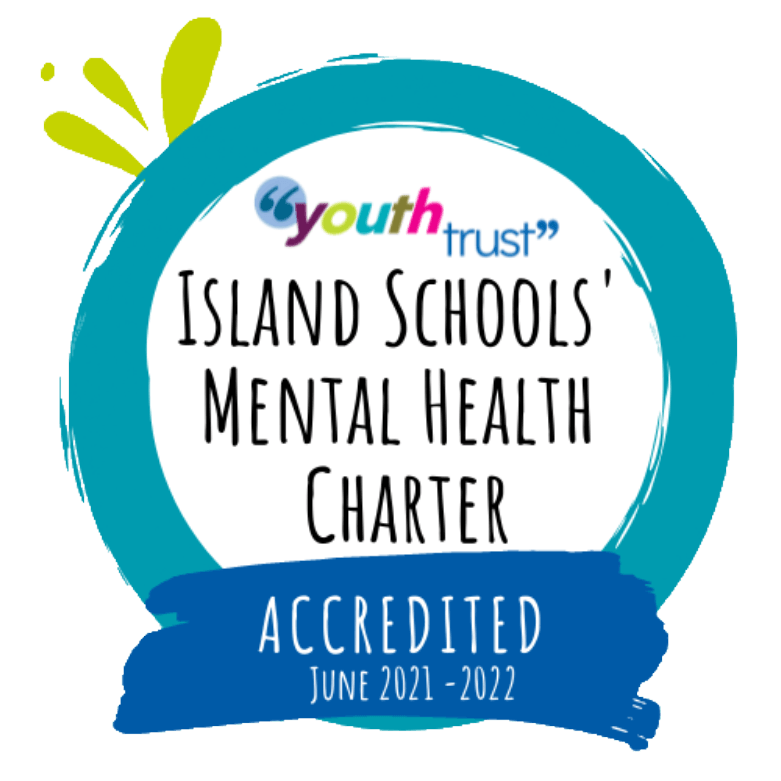 Youth Trust's Island Schools' Mental Health Charter accreditation badge; teal and blue circle,