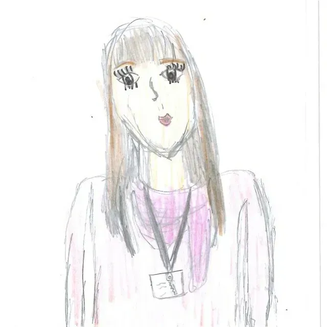 Pencil drawing of a person with long brown hair, pink shirt, and a lanyard, facing forward.