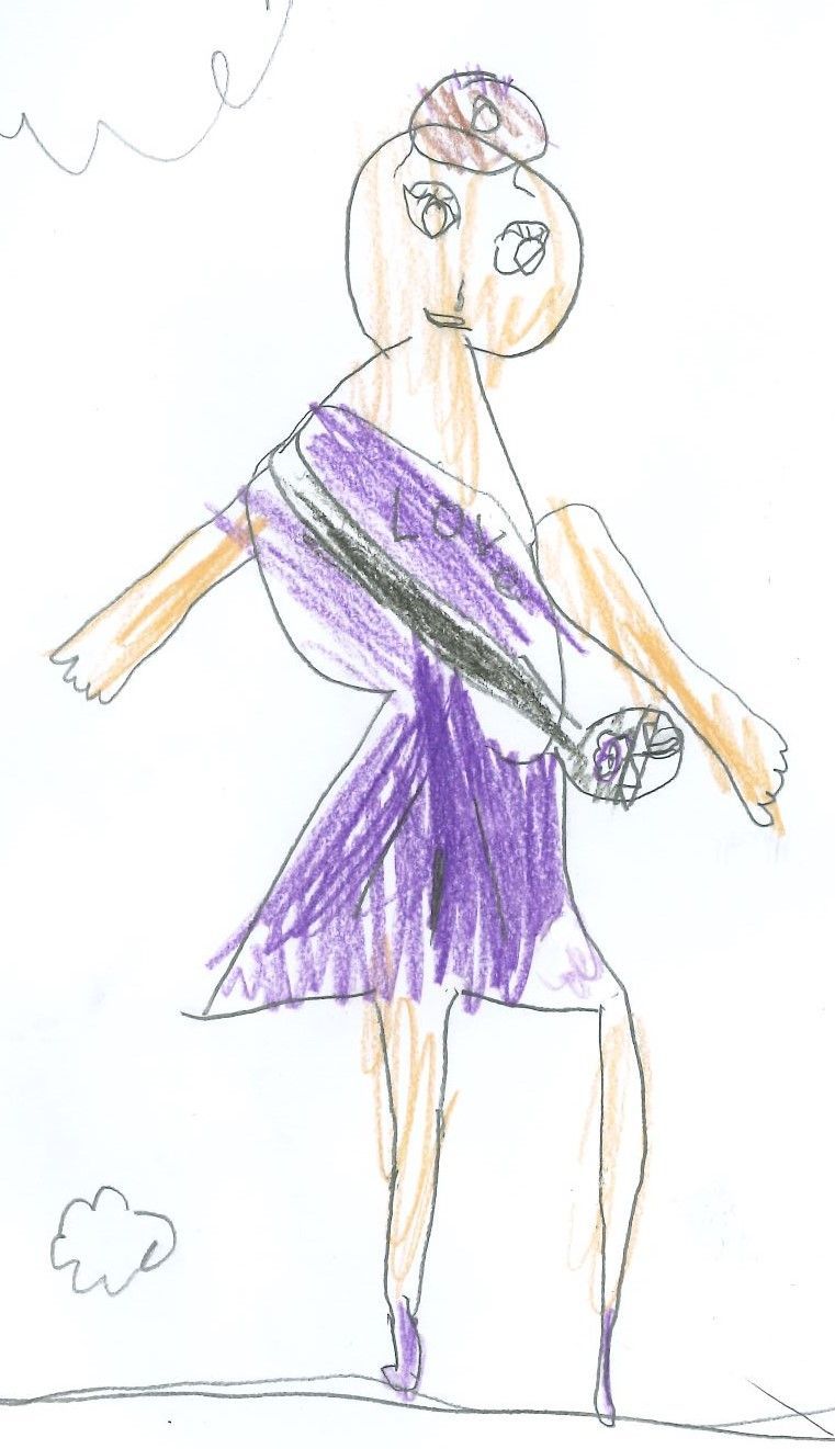 A drawing of a ballerina in a purple dress, with arms outstretched and leg raised.