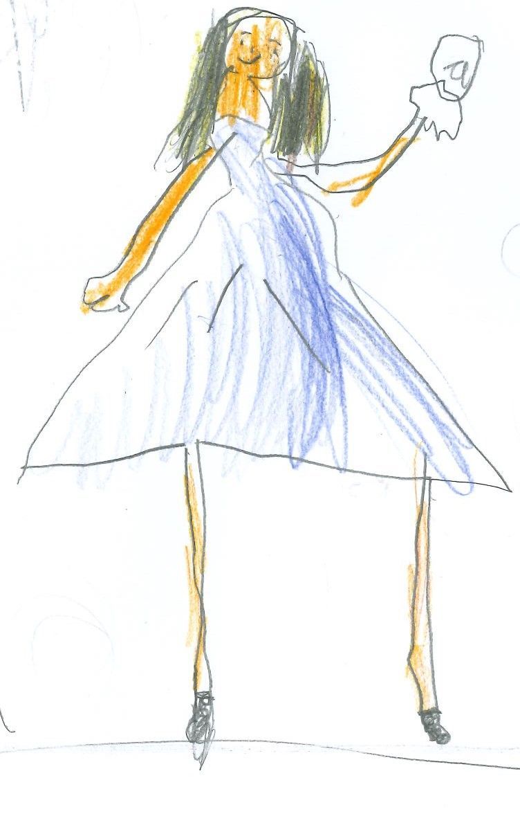 Child's drawing of a person in a blue dress holding a mirror, brown skin and hair, on white background.