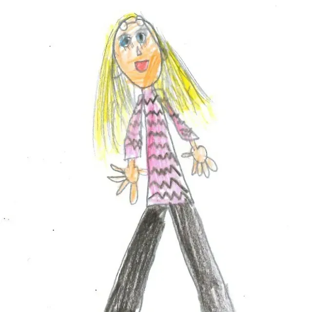 Crayon drawing of a smiling person with long blonde hair, pink patterned shirt, and black pants.