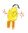 Child's drawing of a person with a yellow body, orange pants, black hair, and outstretched red arms.