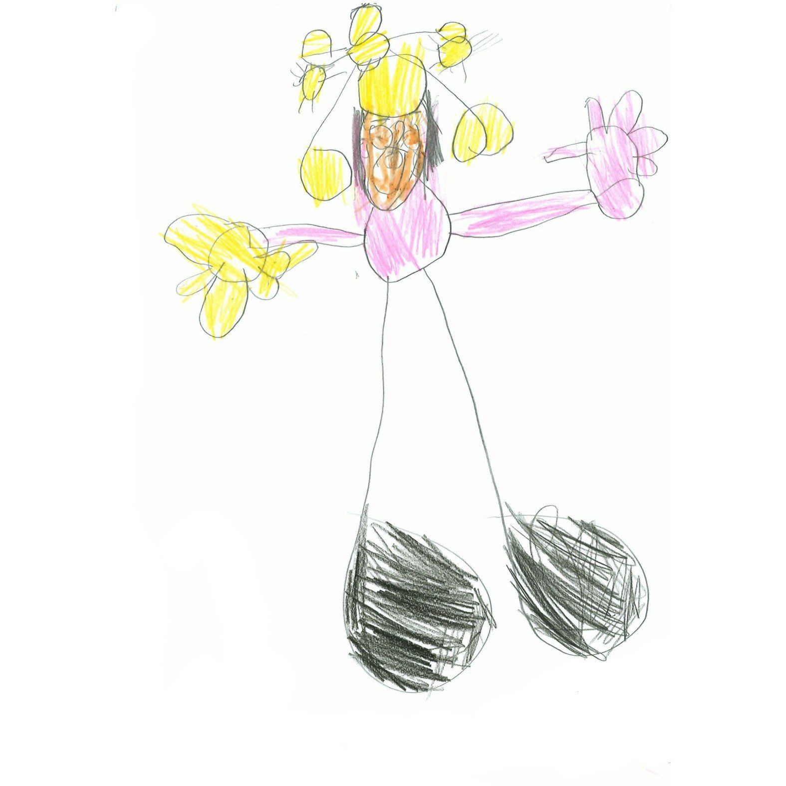 Child's drawing of a stick figure with yellow hair and arms, pink torso, long black legs, and black feet.