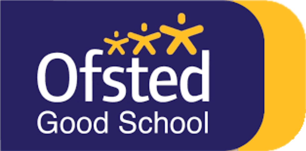 Ofsted Good School logo with three yellow figures and yellow rounded corner on a blue background.