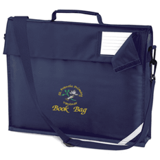 Navy blue book bag with shoulder strap, carrying handle, and school logo.
