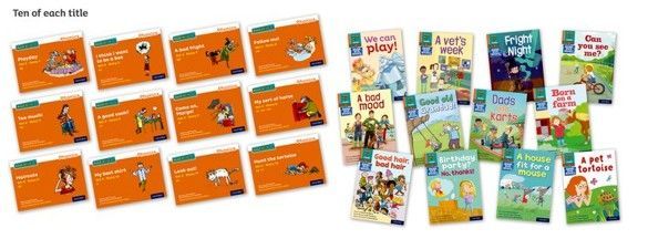 Two stacks of children's books. One stack is orange, the other has colorful covers.