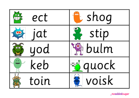 Word matching game with cartoon monsters.