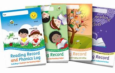 Four colorful reading record booklets with children and illustrations.