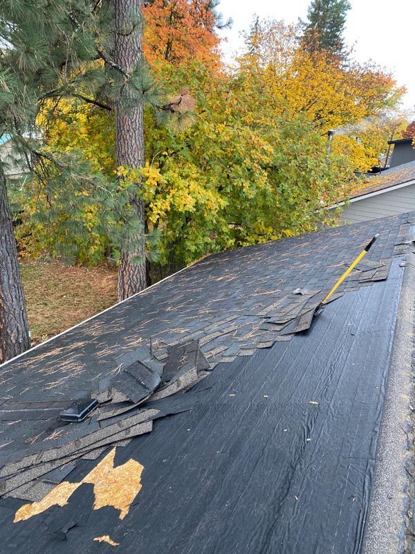 A roof that has been damaged by a storm and trees in the background.