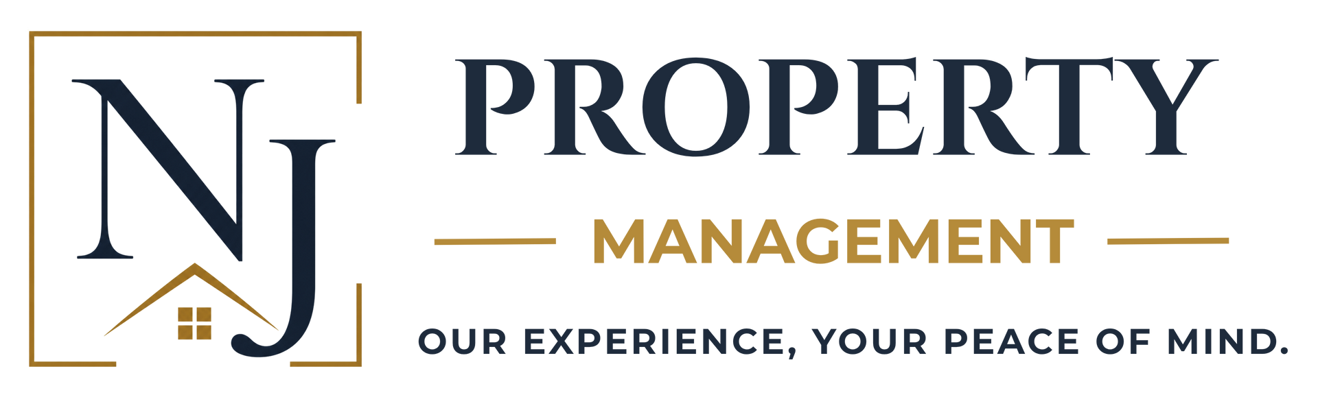 NJ Property Management logo in navy and gold with the tagline &ldquo;Our experience, your peace of mind.&rdquo;