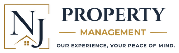 NJ Property Management logo in navy and gold with the tagline “Our experience, your peace of mind.”