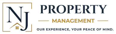 NJ Property Management logo in navy and gold with the tagline &ldquo;Our experience, your peace of mind.&rdquo;