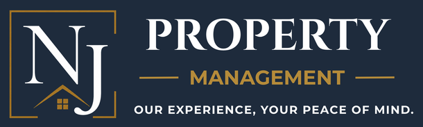 NJ Property Management logo on navy background with gold accents and “Our Experience, Your Peace of Mind.”