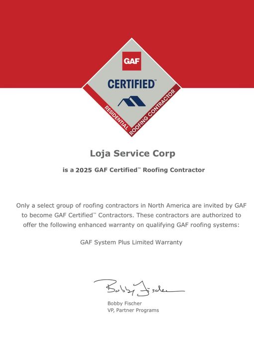 A certified roofing contractor certificate from loja service corp