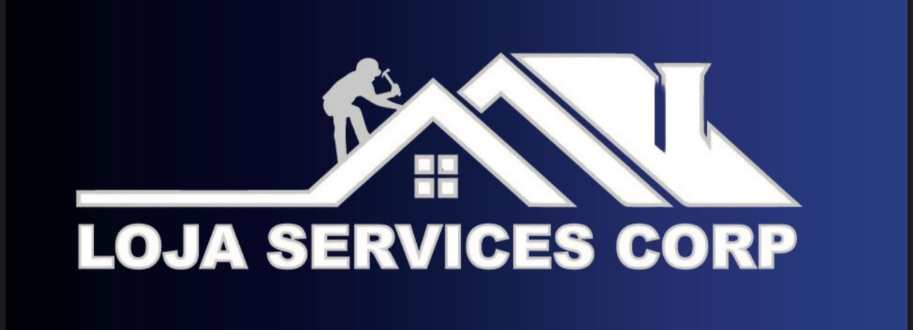 Logo for Loja Services Corp featuring a white silhouette of a worker on a roof against a dark blue gradient background.