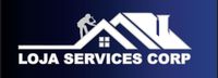 Logo for Loja Services Corp featuring a white silhouette of a worker on a roof against a dark blue gradient background.