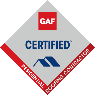 A diamond-shaped GAF Certified Residential Roofing Contractor logo with red accents, blue text, and a blue roof icon.