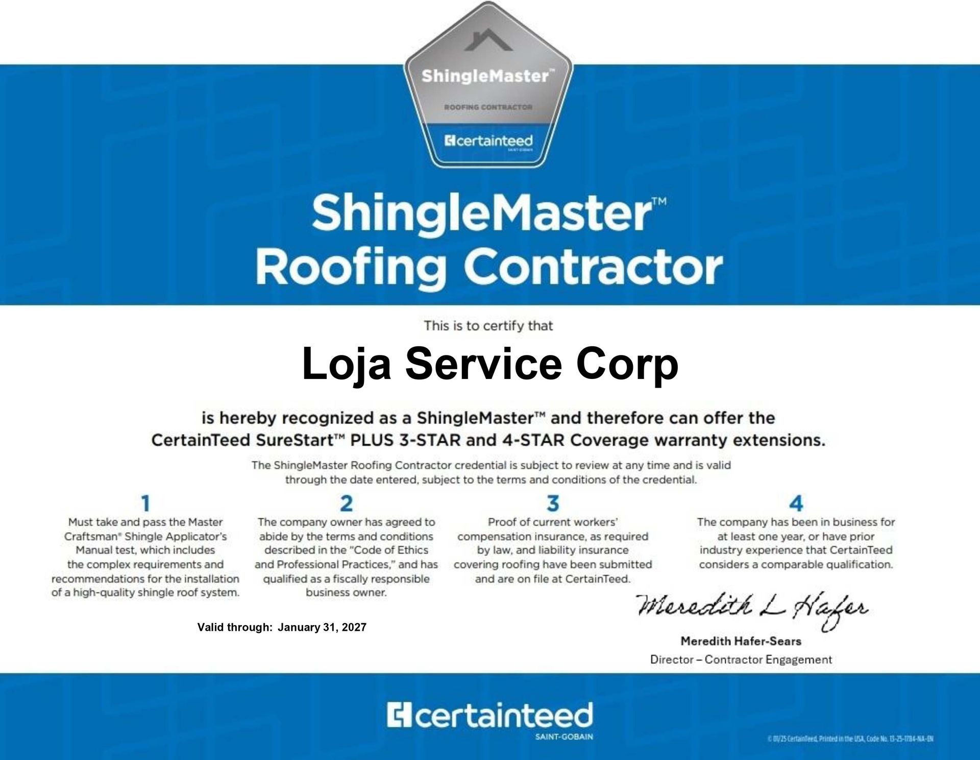 A CertainTeed ShingleMaster certification for Loja Service Corp, dated January 31, 2023, on a blue background.