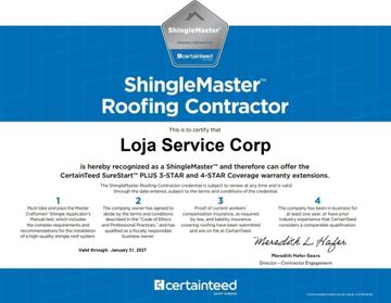 A CertainTeed ShingleMaster certification for Loja Service Corp, dated January 31, 2023, on a blue background.