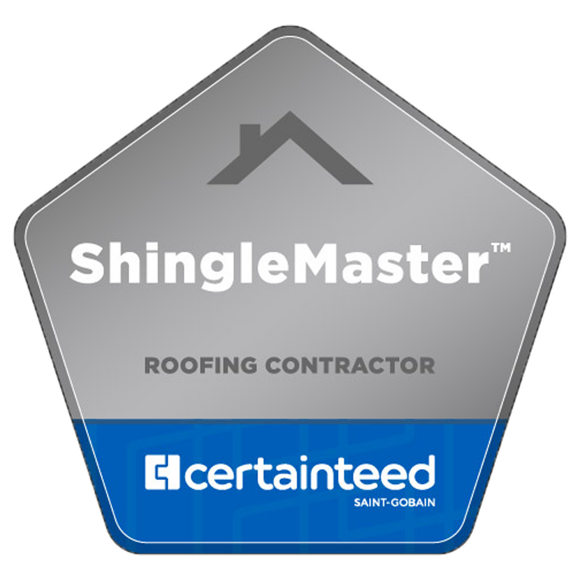 A pentagonal CertainTeed ShingleMaster roofing contractor badge in grey and blue.