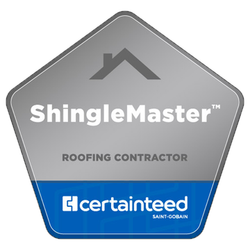 A pentagonal CertainTeed ShingleMaster roofing contractor badge in grey and blue.