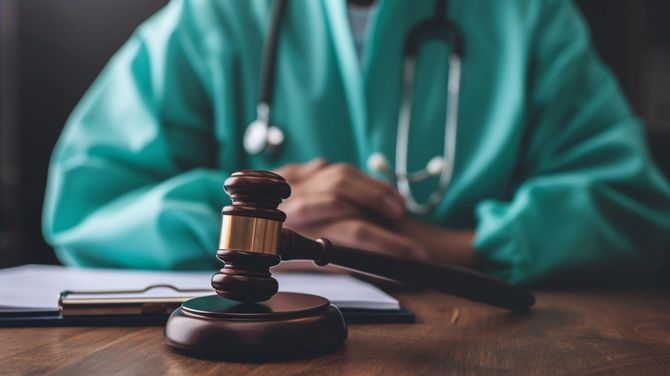 Doctor in green scrubs behind a gavel and medical chart on a desk