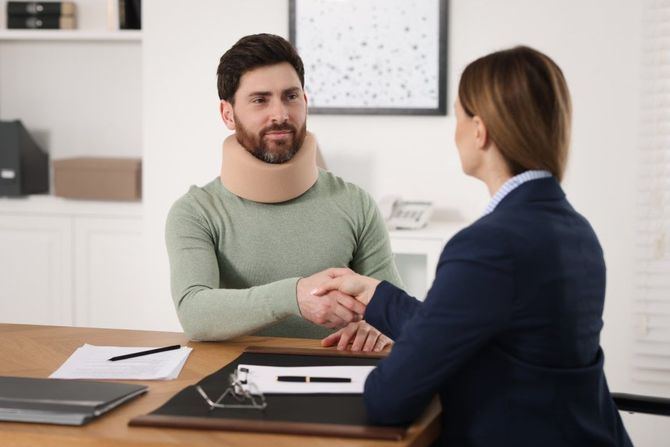 Two people shaking hands across an office desk, with a man wearing a neck brace.