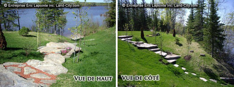 Une photo de chemin et une photo de chemin avec les mots vue de haut et vue de cote