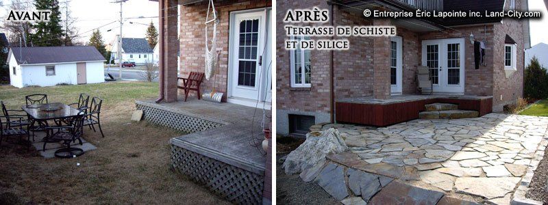 Une photo avant et après d’une terrasse avec une table et des chaises.