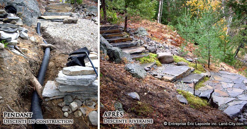 Une photo avant et après d’une passerelle en pierre en construction.