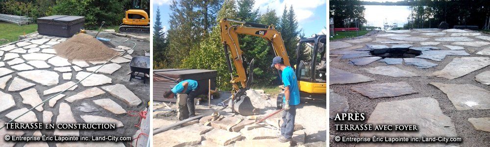 Un collage de trois photos d un chantier de construction avec un homme debout au milieu.