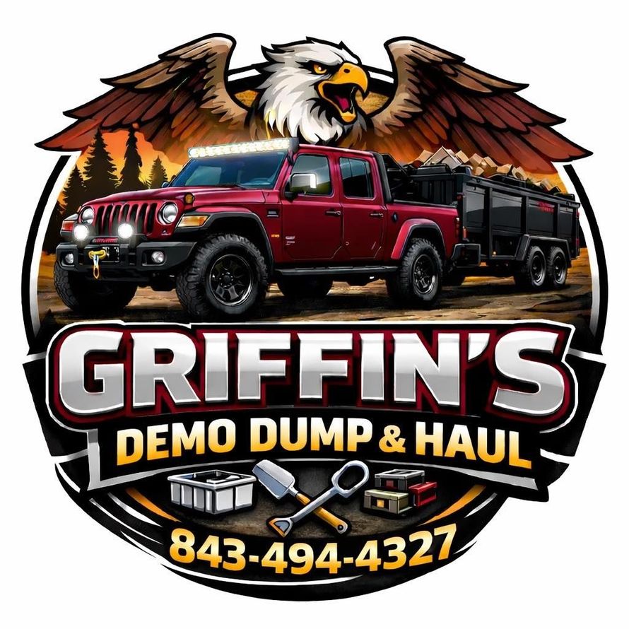 Griffin’s Demo Dump & Haul logo with red pickup, eagle, tools, and phone number 843-494-4327