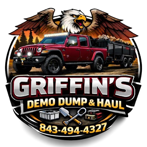 Griffin&rsquo;s Demo Dump & Haul logo with red truck, trailer, eagle, and phone number 843-494-4327