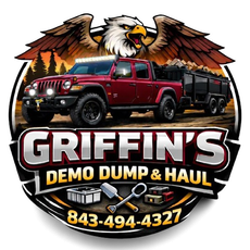 Griffin&rsquo;s Demo Dump & Haul logo with red truck, trailer, eagle, and phone number 843-494-4327