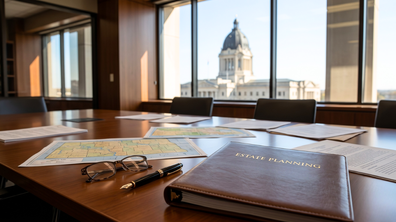 Conference table with papers, glasses, and leather folder overlooking a city dome through large windows