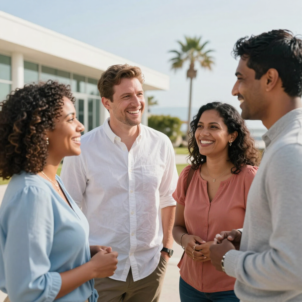 Four colleagues chatting outdoors in a bright office courtyard, smiling and standing in a circle.