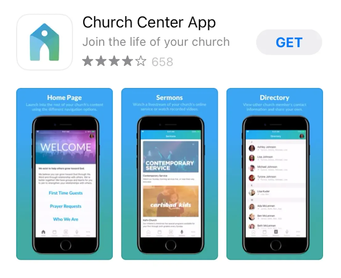 App store listing for Church Center App with three blue app preview screenshots and a GET button