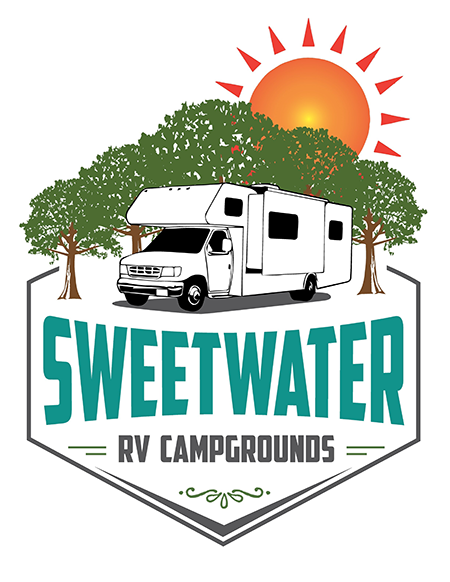 Sweetwater RV Campground logo with a motorhome, trees, and a sun.