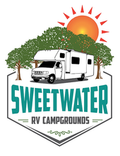 Sweetwater RV Campground logo with a motorhome, trees, and a sun.
