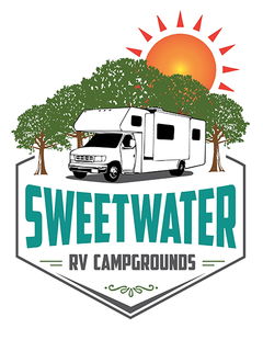 Sweetwater RV Campground logo with a motorhome, trees, and a sun.