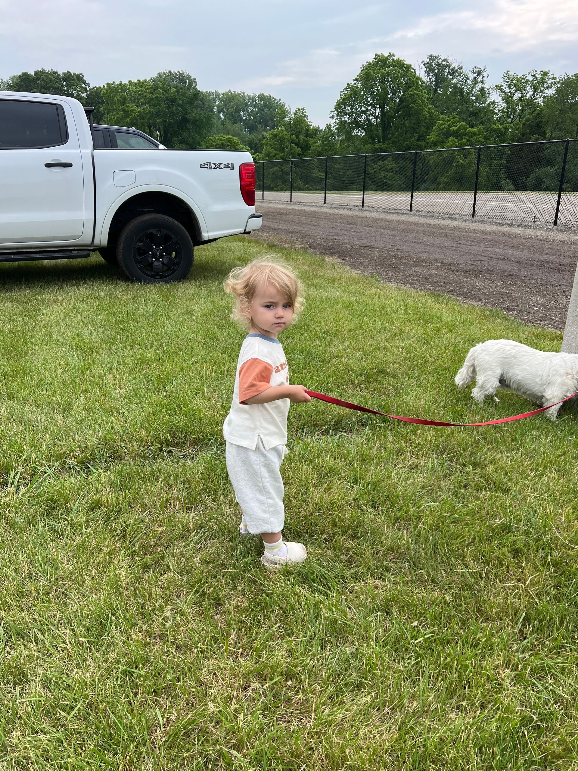 A young child holding a leash walks a white dog on a grassy area, near a truck.