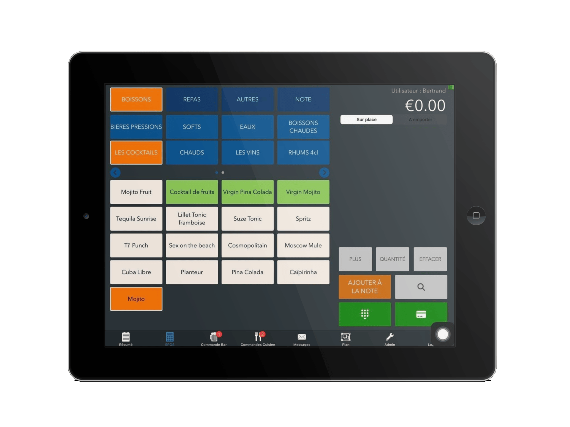 Tablette affichant une interface de point de vente tactile avec des boutons bleus, oranges et verts et un total de 0,00 £.
