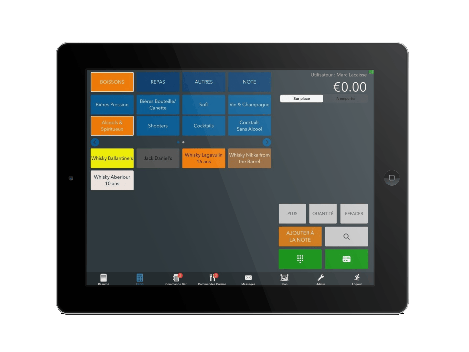 Application de point de vente sur tablette avec des boutons de menu colorés et un total de 0,00 € affiché à l'écran.