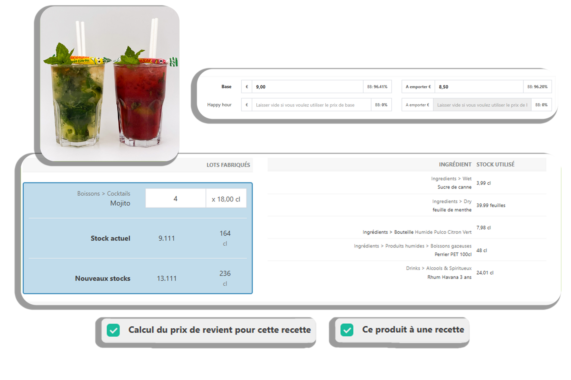 Interface de recette de cocktail avec deux boissons colorées, liste des ingrédients et tableau nutritionnel