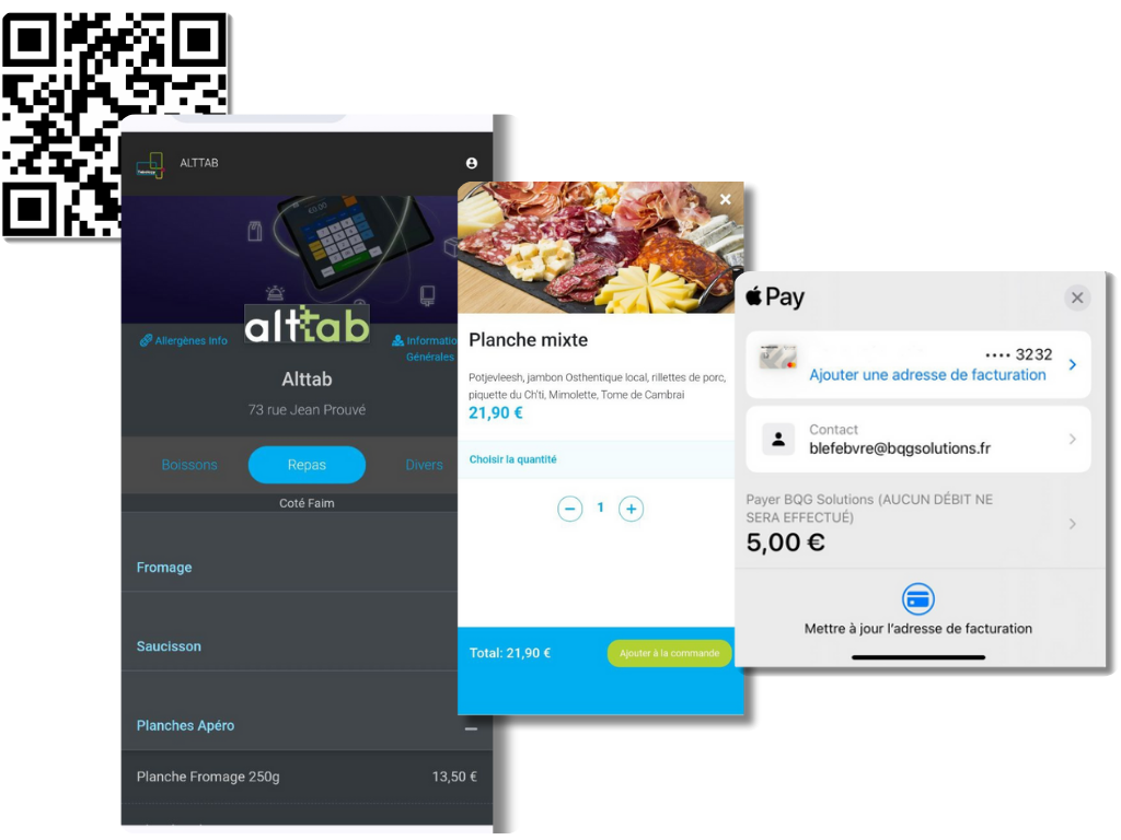 Commande mobile instantanée, scannez le QR code, consultez le menu, commandez et payez avec Apple Pay