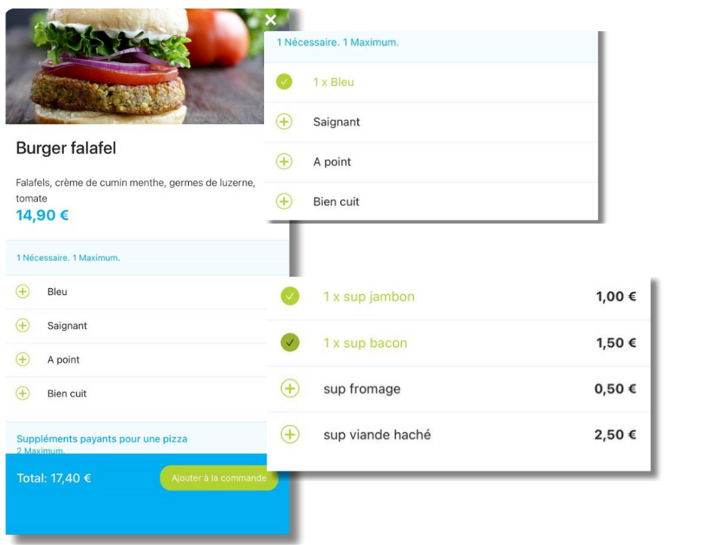 Application de commande mobile, produits hamburgers frites et options de vente incitative