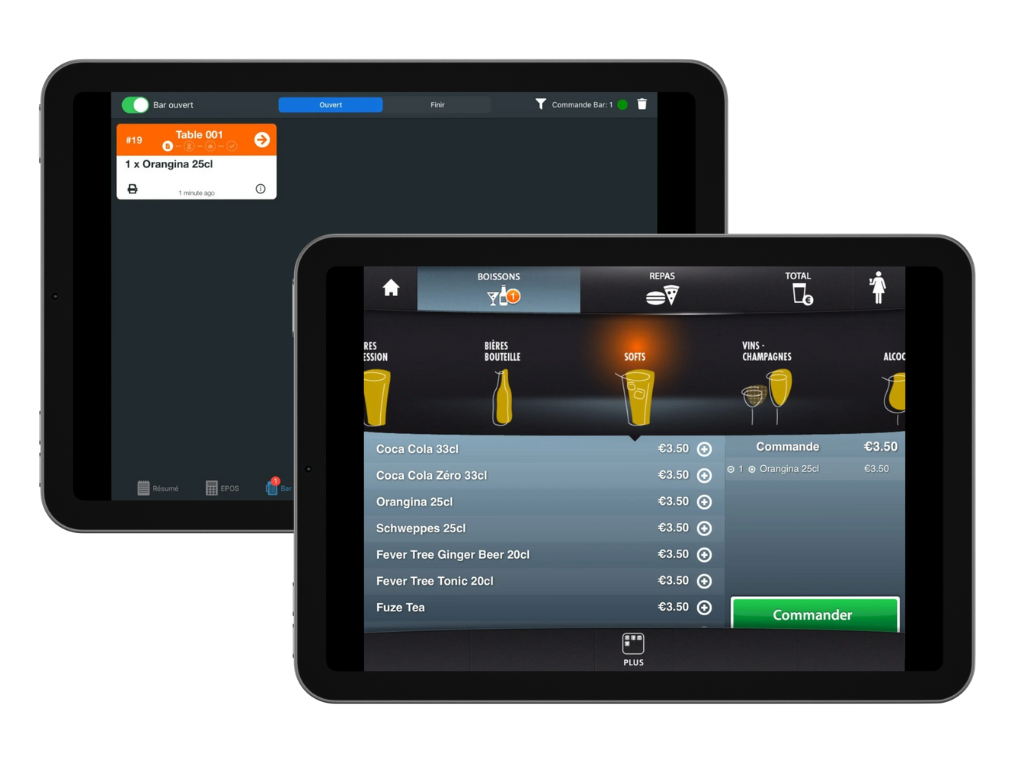 Commande sur menu iPad, affichée sur l'écran du bar