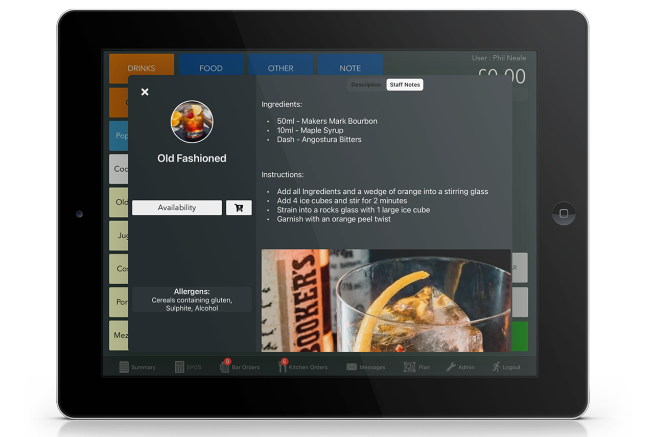 Cocktail staff notes on Bar EPOS screen