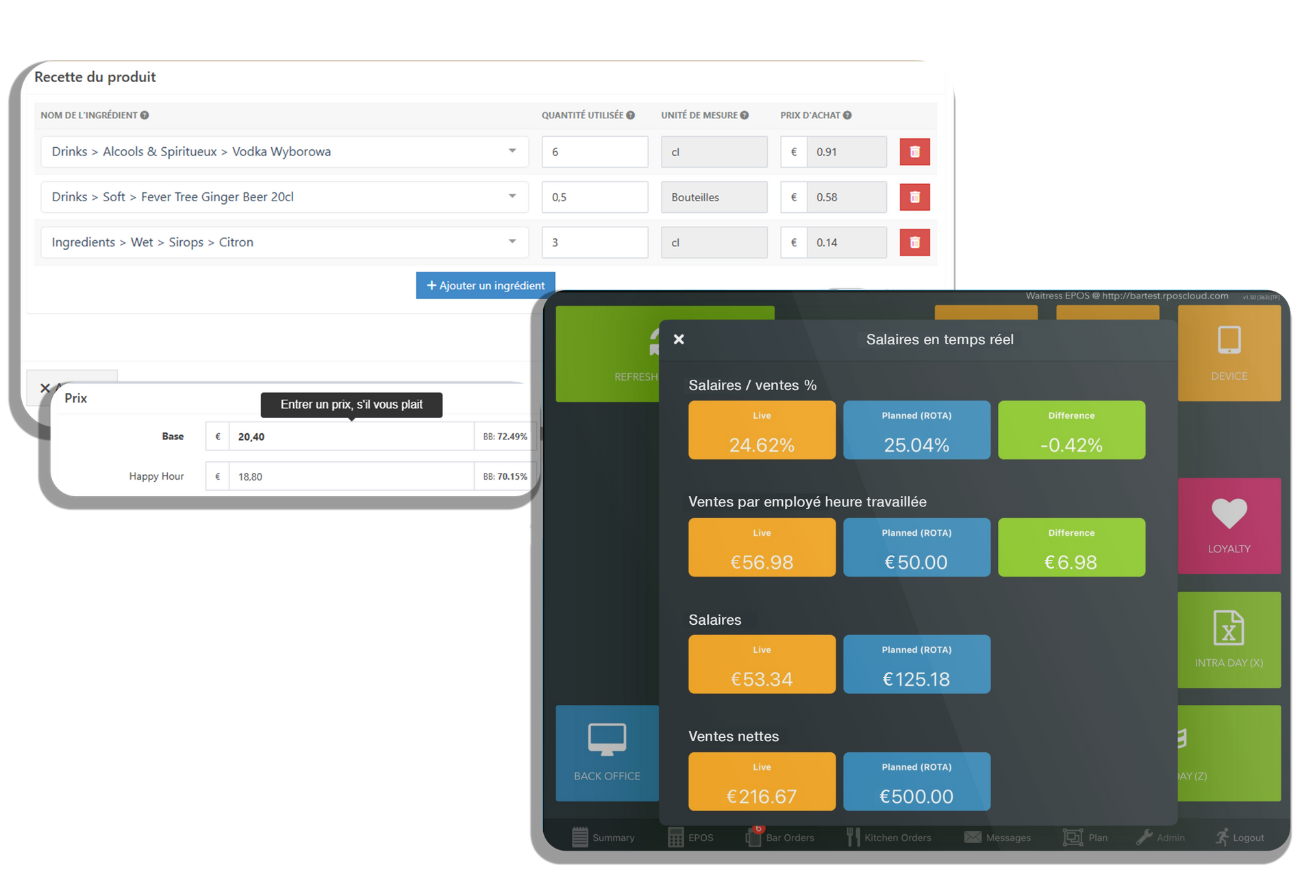 Tableau de bord de point de vente sur tablette avec boutons de menu colorés, superposé à une interface de formulaire d'administration blanche