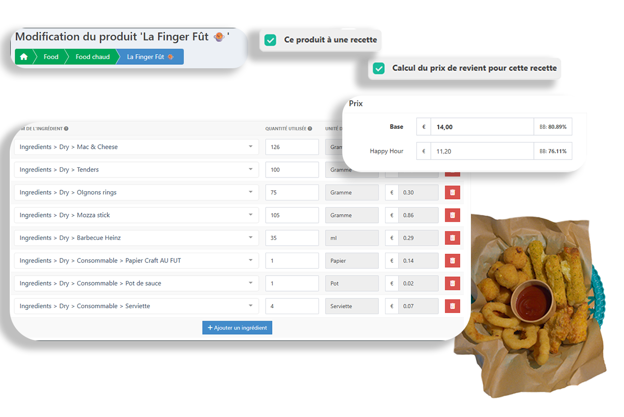 Interface utilisateur d'un calculateur nutritionnel de recette avec liste d'ingrédients et photo d'un plat de poulet frit